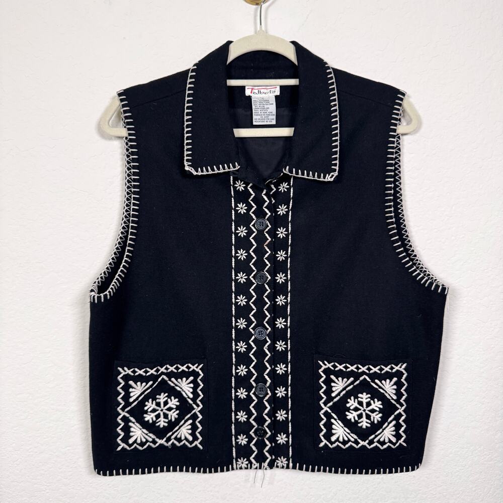 Talbots Womens Vintage Wool Blend Vest Size L Embroidered Classic Winter Black